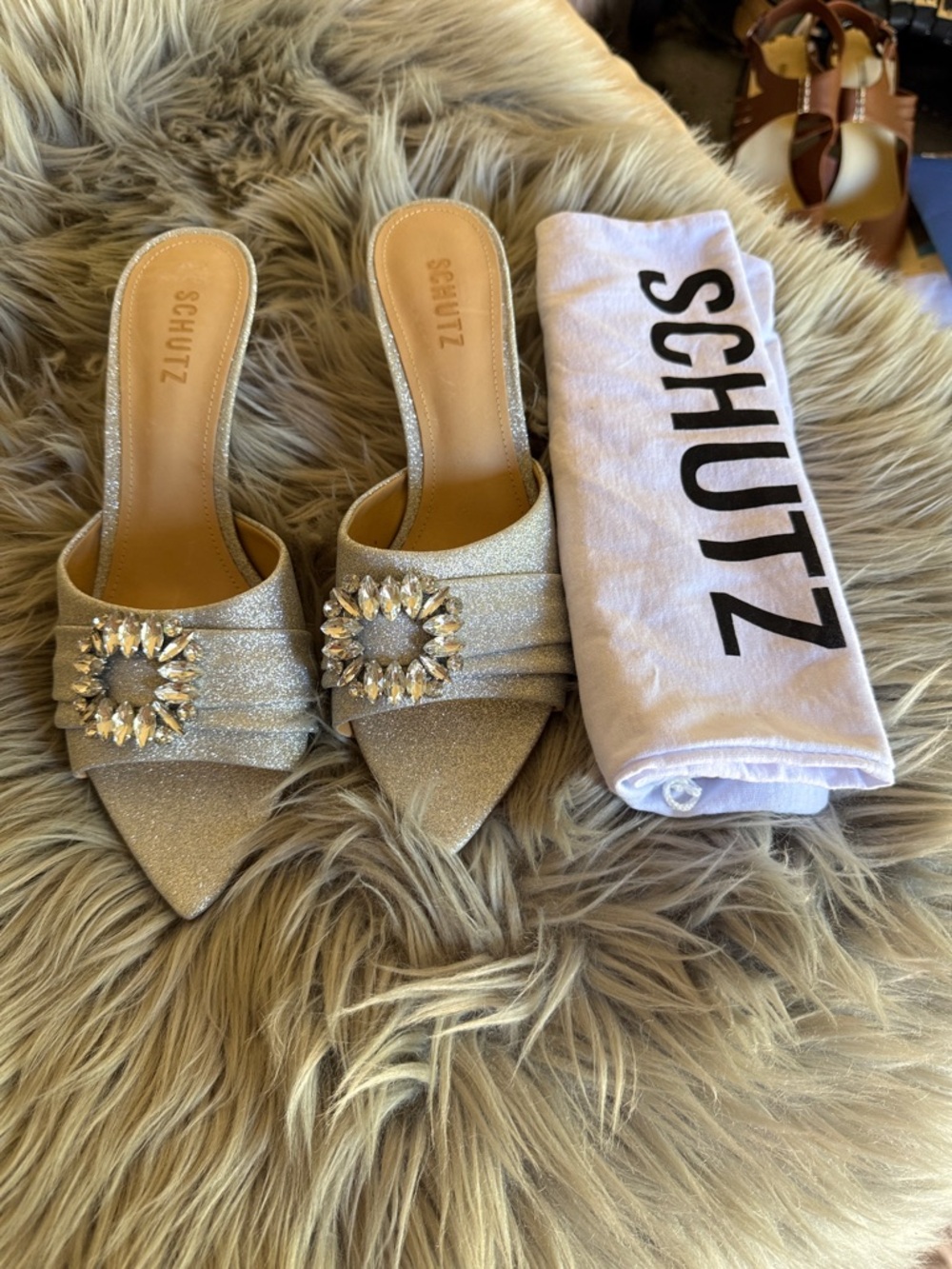 SCHUTZ Silver Crystal-Embellished Pointed Toe Mules